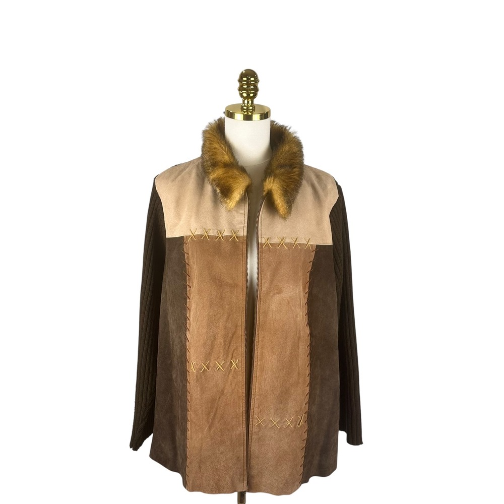 VTG 90s Fashion Bug Suede Patchwork Fur Collar Jacket Plus 18 20 Boho Penny Lane